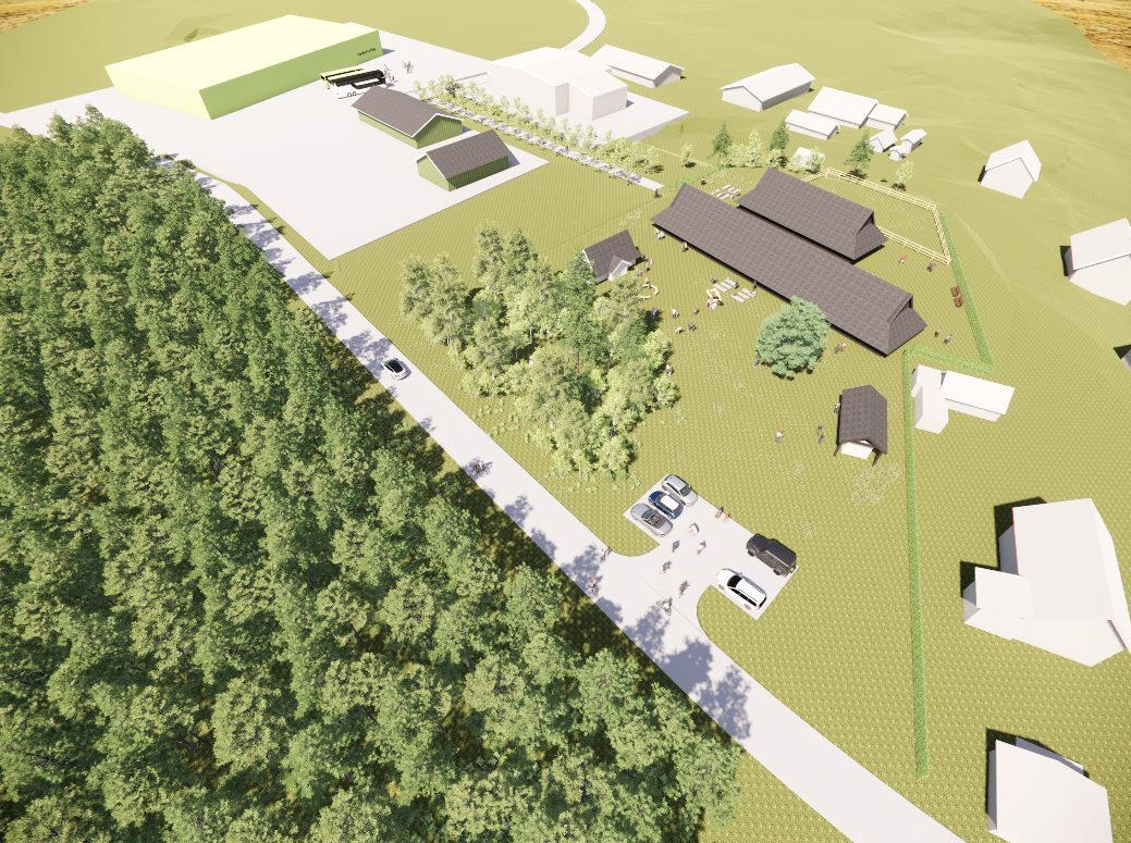 Fugleperspektiv av det planlagde anlegget på Eide, med det rekonstruerte langhuset i tunet, gangvegar, parkering og skog omkring.