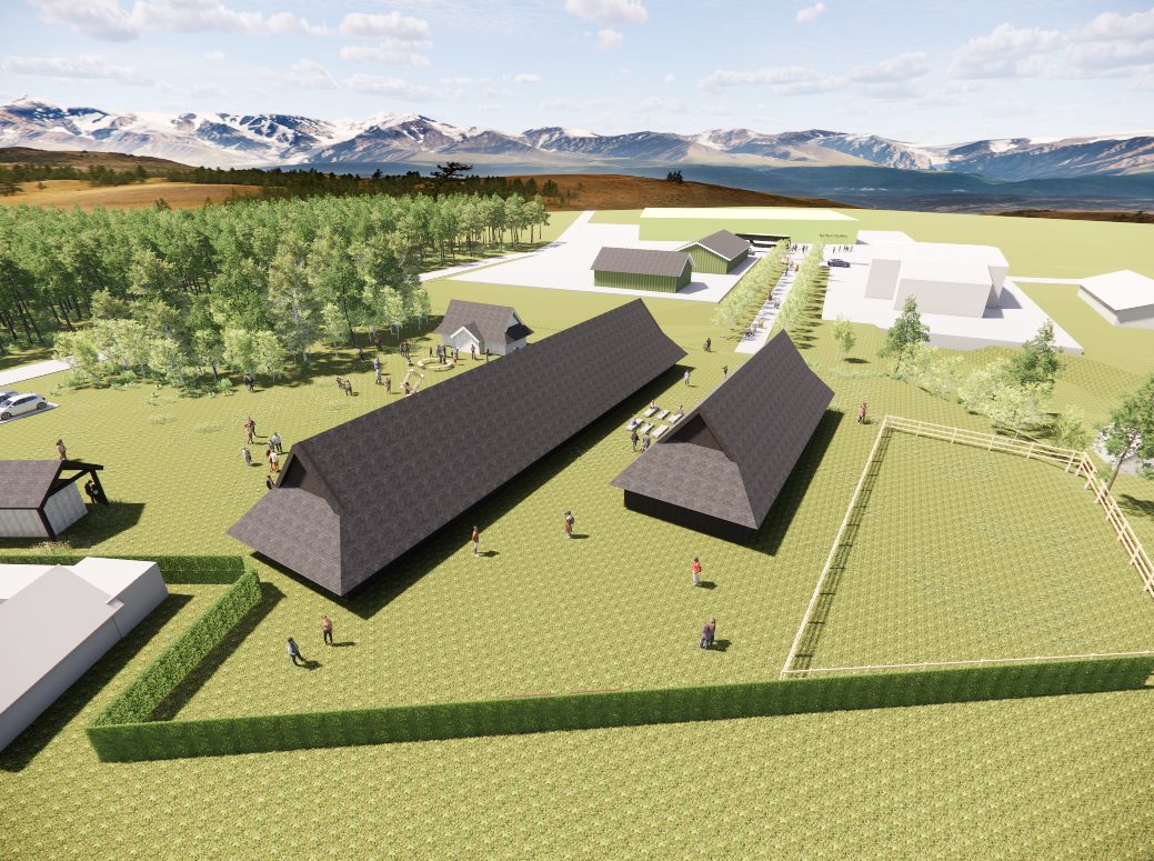 Fugleperspektiv frå Folkevandringsgarden mot Nordfjord Distillery.