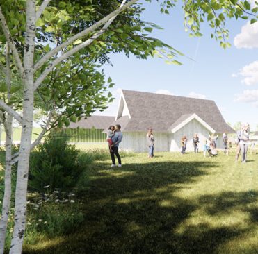 Visualisering av det rekonstruerte langhuset med bratt, mørkt tak, med besøkande på gresset framfor bygget.