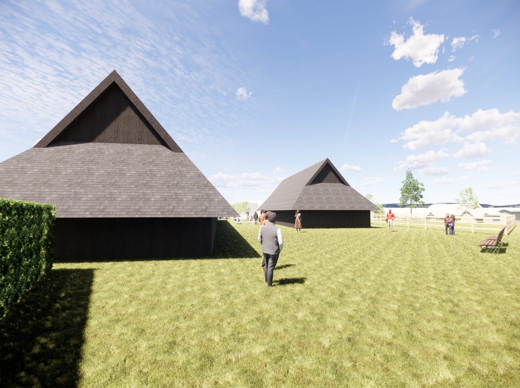 Anlegget sett frå naboeigedomen, med bustadhus i forgrunnen.